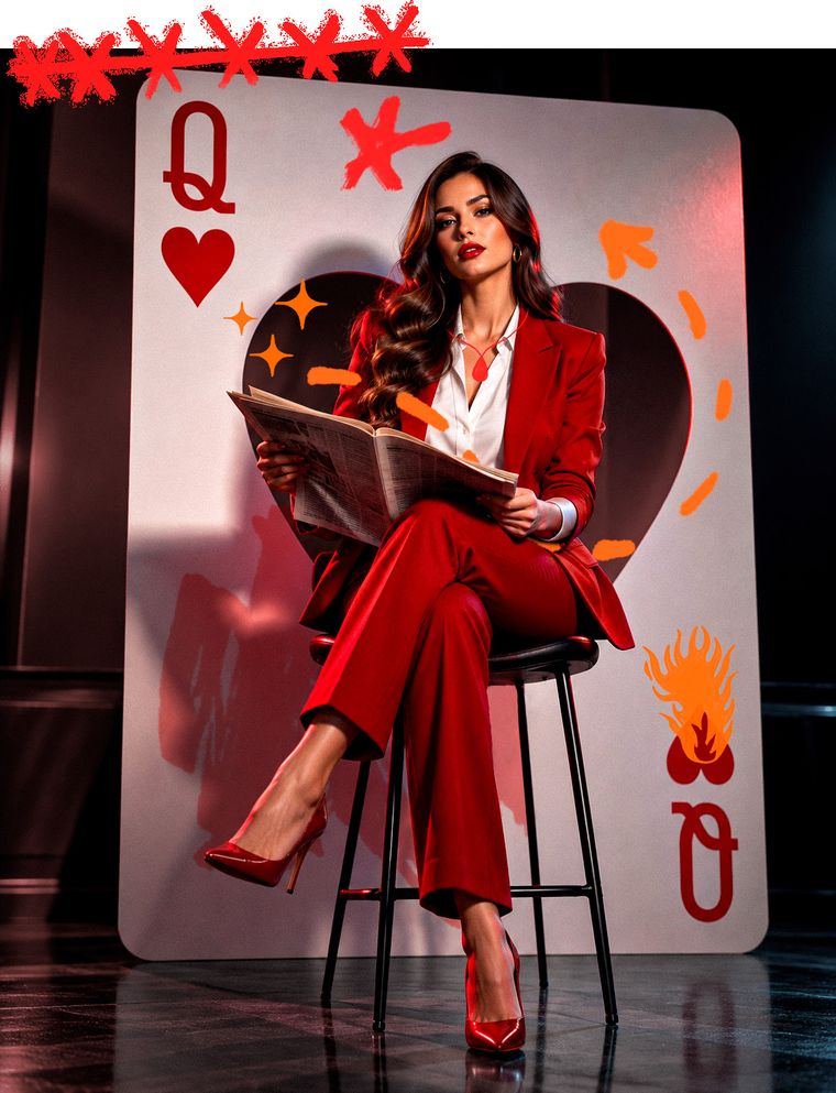 Executiva sentada em uma carta de baralho gigante